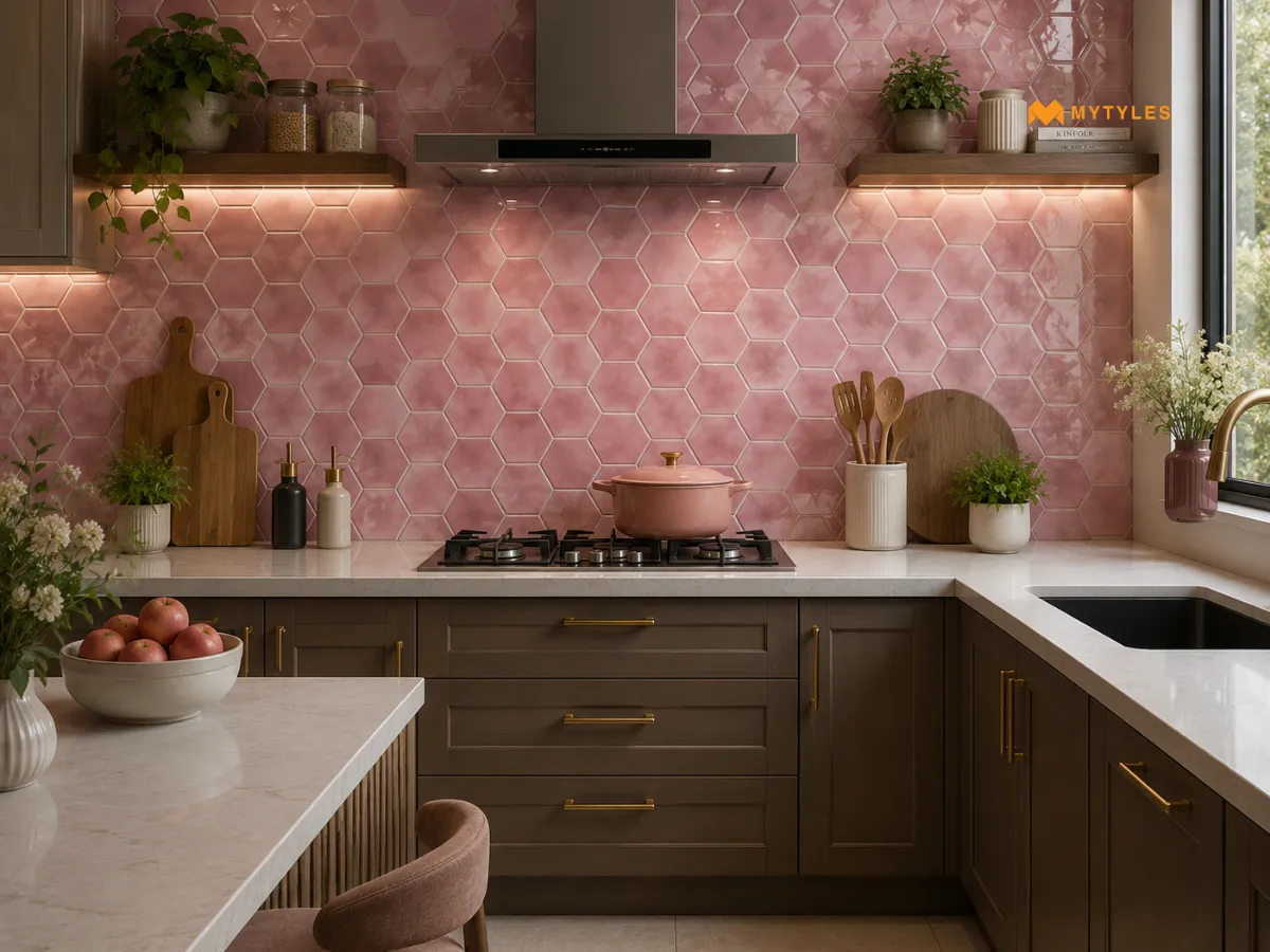 Bright Pink Geometric Wall Tile in Kitchen Wall